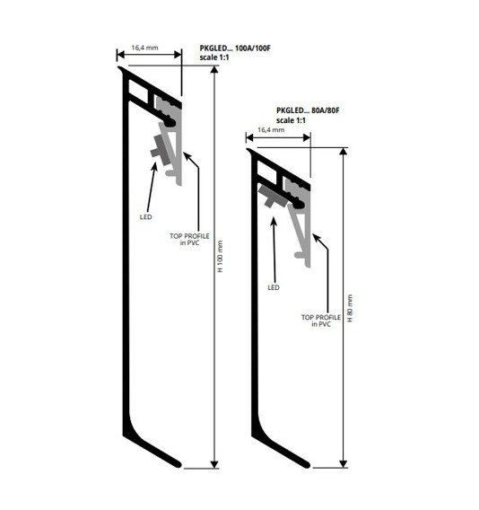 Grindjuostė, anoduoto aliuminio, h 80 mm, su viršutiniu PVC profiliu, L 2,0 m