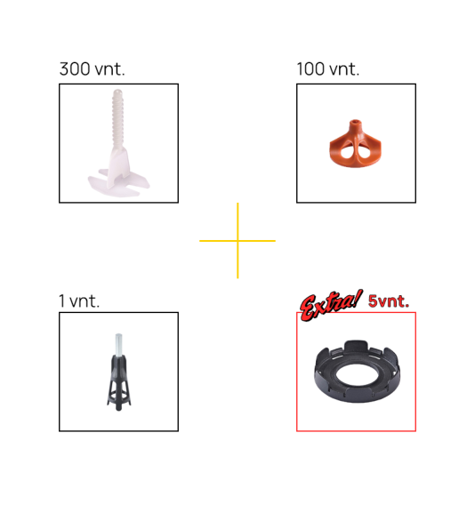 Lyginimo sistemos rinkinys, VITEXPRESS įrankis (1 vnt), apkabos VITE (300 vnt) ir VITE viršutinė dalis (100 vnt), 3-15mm