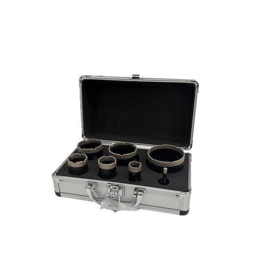 Gręžimo antgalių (M14) komplektas Ø6, 22, 32, 35, 50, 55, 68 mm + 7 vietų metalinė dėžutė