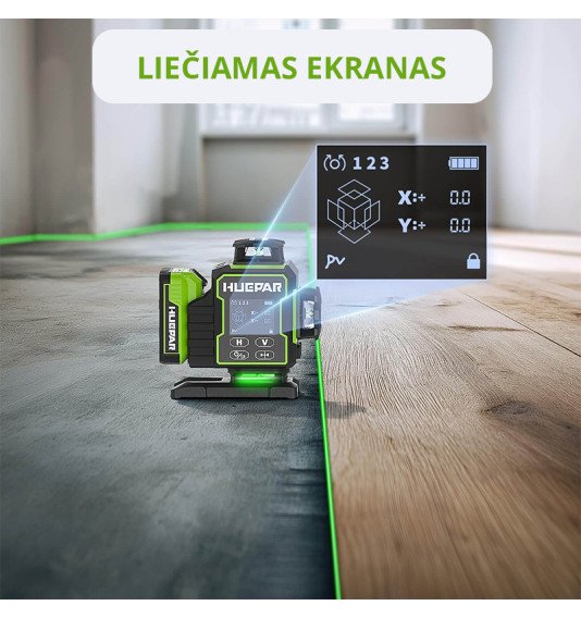 Huepar W04CG 4D lazerinis nivelyras su rotaciniu pagrindu ir akumuliatorium