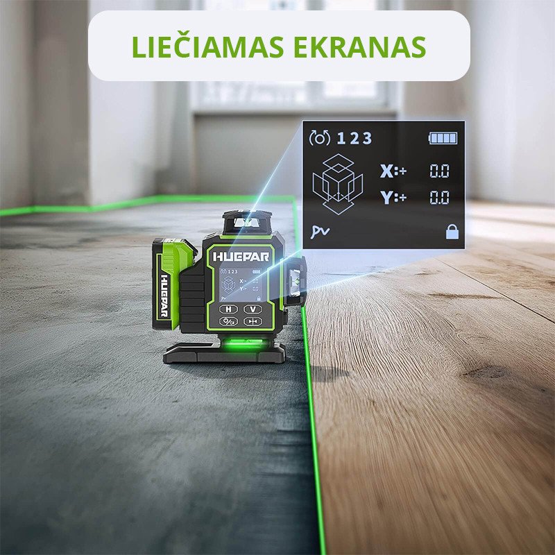 Huepar W04CG 4D lazerinis nivelyras su rotaciniu pagrindu ir akumuliatorium